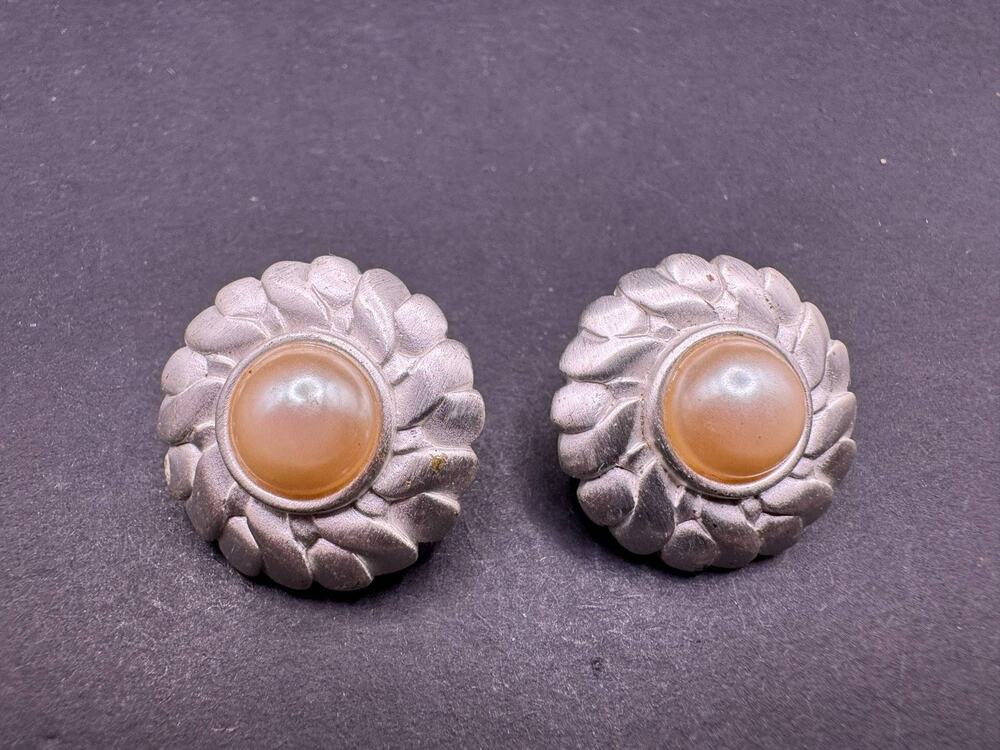 Anne Klein Vintage Silver Tone Stud Earrings Round Faux Pearl Textured Design